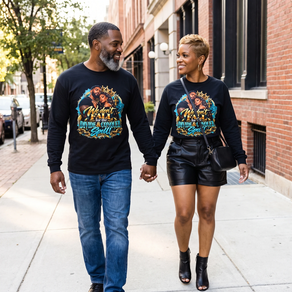 Long Sleeve Tee — "We Don’t Fall for the Divide & Conquer Spell" Afrocentric Couple Graphic
