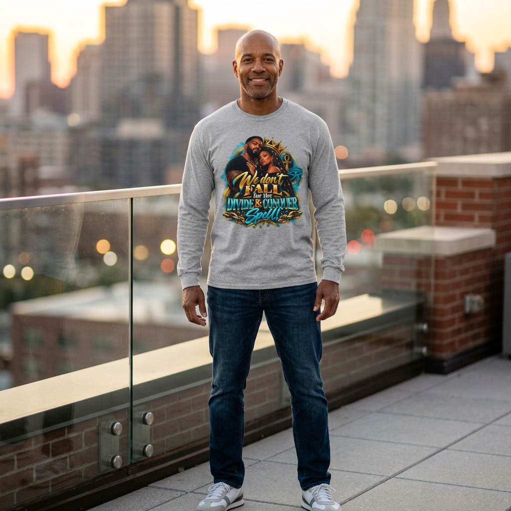 Long Sleeve Tee — "We Don’t Fall for the Divide & Conquer Spell" Afrocentric Couple Graphic