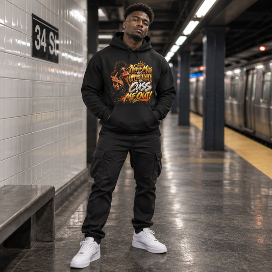 "Never Miss an Opportunity to Cuss a MF Out"  Graphic Hooded Long Sleeve Tee
