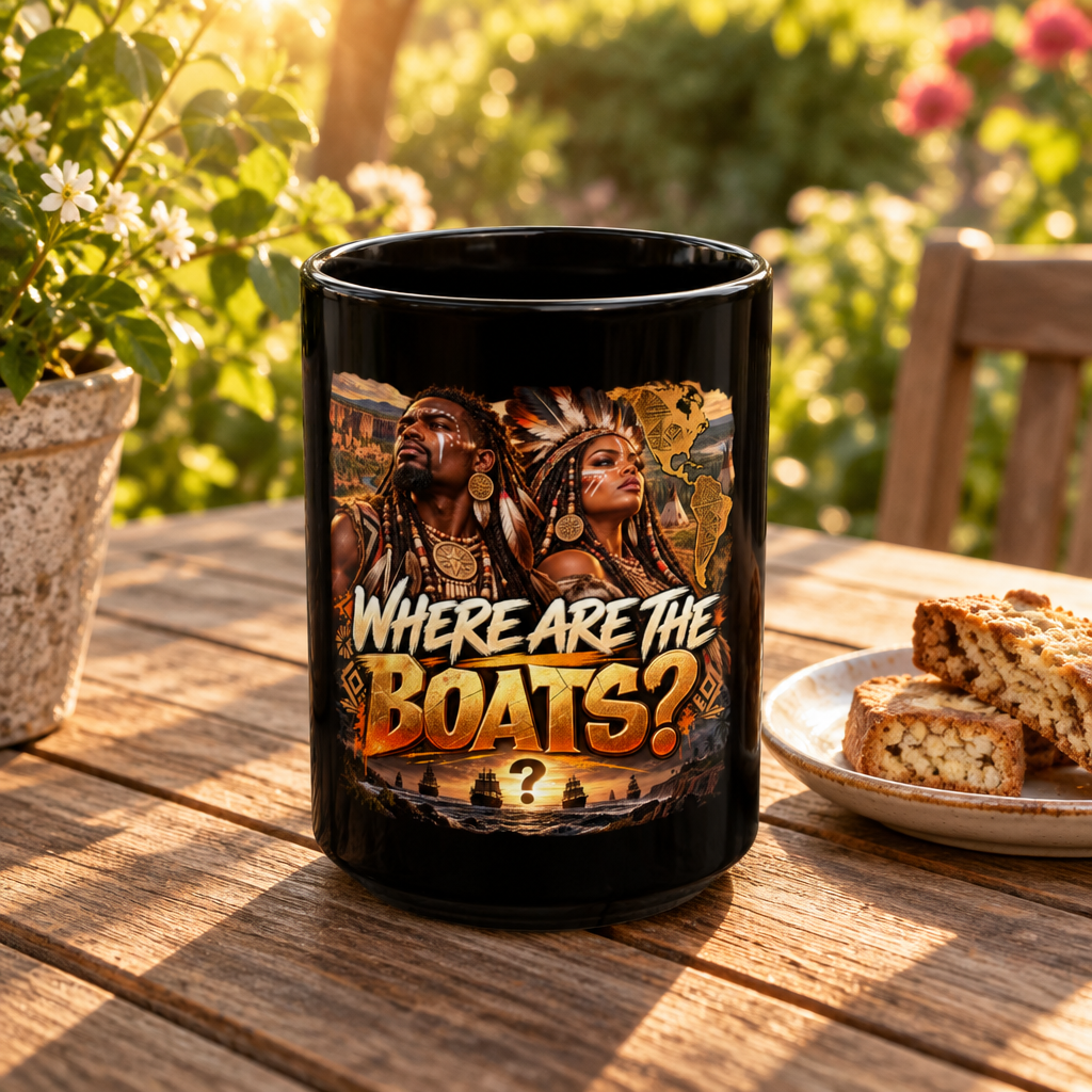 "Where Are the Boats?" Black Mug
