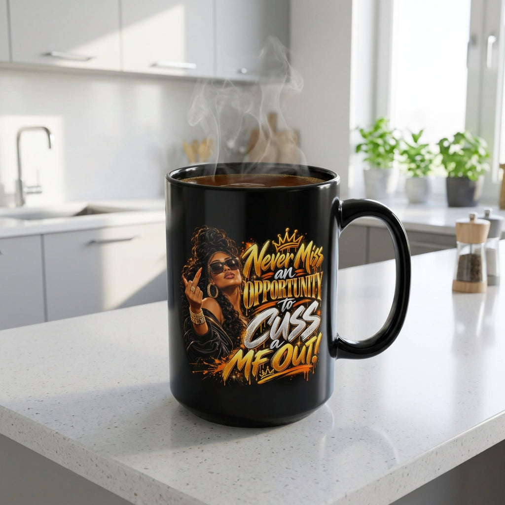 "Never Miss an Opportunity to Cuss a MF Out!" Black Mug 15 OZ